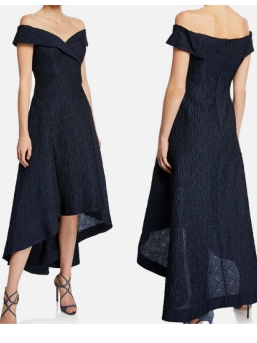 Rickie Freeman for Teri Jon Off-the- Shoulder High Low Navy Jacquard Gown S 14 - Picture 3 of 9